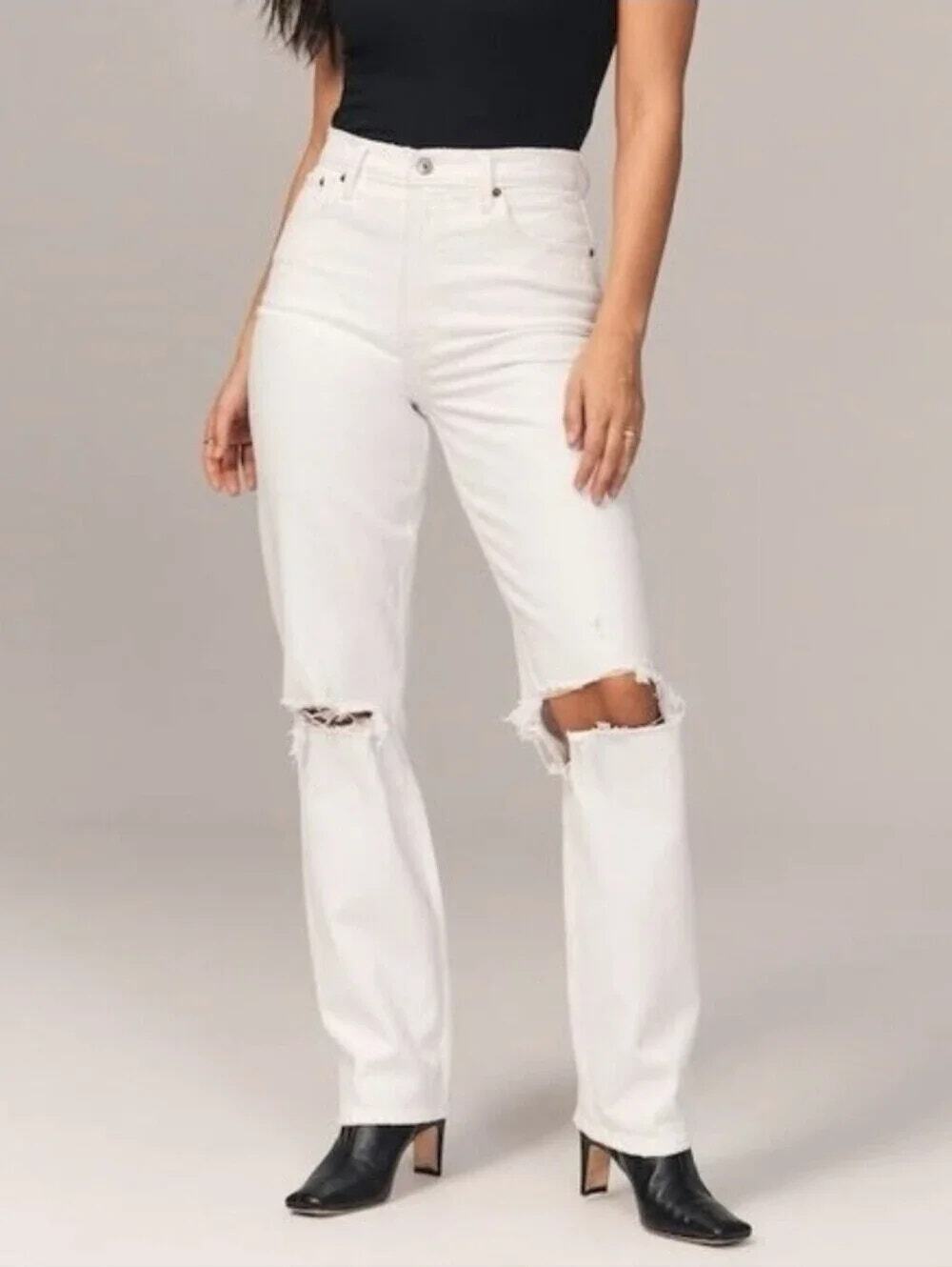 Abercrombie & Fitch The '90s Ultra High Rise Ripped Straight Jeans Cream 30 / 10